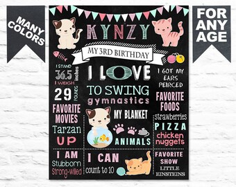 Printable Kitty Cat Birthday chalkboard sign - 3rd third Birthday Party chalk board poster banner - Custom Milestone for a girl (322)