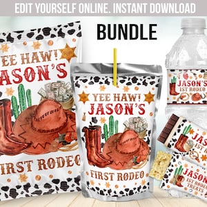 Cowboy First Rodeo Birthday Party Decor - Wild West favors decorations for a 1st bday boy - Editable Template download B79