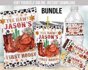 May include: A printable bundle of party decorations for a first rodeo themed party. The bundle includes a water bottle label, a snack bag label, a juice box label, and a treat bag label. The labels feature a cowboy hat, boots, and cacti with the text "Yee Haw! Jason's First Rodeo".