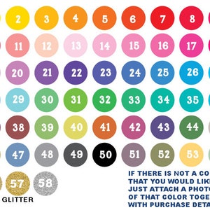 Puede incluir: Una carta de colores con 58 c&iacute;rculos numerados en varios colores, incluyendo amarillo, rosa, naranja, azul y verde. La carta tambi&eacute;n incluye opciones de purpurina. El texto en la parte inferior dice: &laquo;SI NO HAY UN COLOR QUE DESEE, SIMPLEMENTE ADJUNTE UNA FOTO DE ESE COLOR JUNTO CON LOS DETALLES DE LA COMPRA.&raquo;