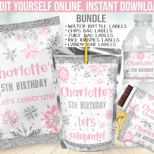 Winter Wonderland Birthday Girl Decorations  - Onederland Chip bag label favors - Chocolate wrapper - Juice decor - Water Bottle sticker B32