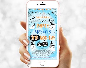 Boy Halloween birthday invitation e vite - Spooktacular Party Boy Ghost text invite - Boo Message Phone evite Template (21-22evite)