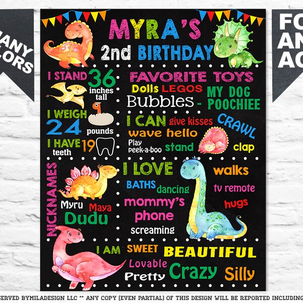 Dinosaur Birthday chalkboard sign - 1st 2nd 3rd Party chalk board poster banner milestone for a girl boy pink Dino PRINTABLE (503)