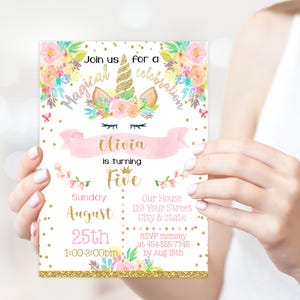 May include: A birthday invitation with a unicorn theme. The invitation features a unicorn head with floral accents, the text "Magical Celebration", and details for a party, including the name "Olivia", the date, and time.