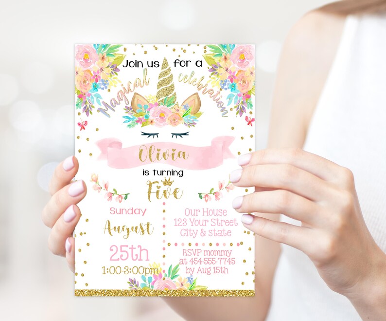 May include: A birthday invitation with a unicorn theme. The invitation features a unicorn head with floral accents, the text "Magical Celebration", and details for a party, including the name "Olivia", the date, and time.