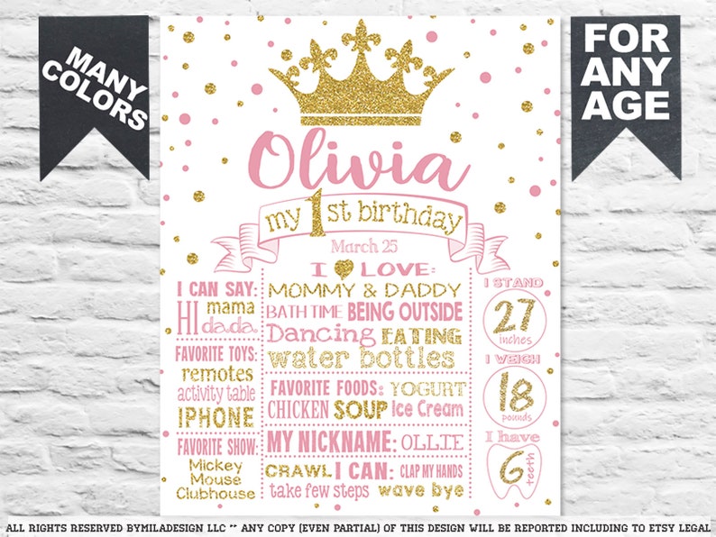 838 1st party chalk board poster banner milestone Royal celebration Printable Princess Crown First Birthday chalkboard sign