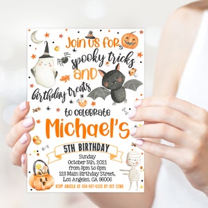 May include: A Halloween-themed birthday party invitation with orange and white text and illustrations. The invitation includes a ghost, bat, pumpkin, and mummy. The text reads "Join us for spooky tricks and birthday treats to celebrate Michael's 5th Birthday."