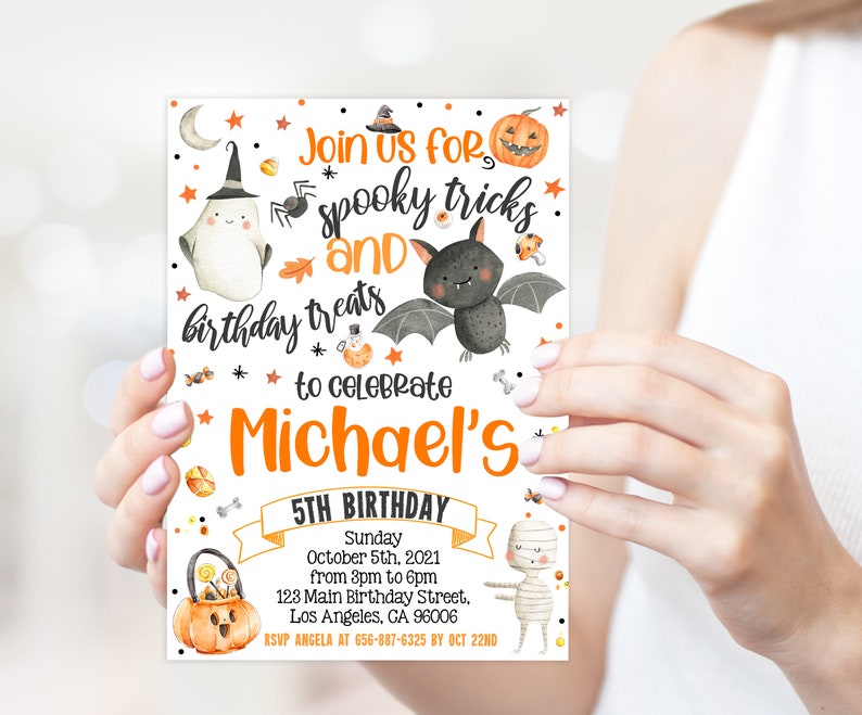 May include: A Halloween-themed birthday party invitation with orange and white text and illustrations. The invitation includes a ghost, bat, pumpkin, and mummy. The text reads "Join us for spooky tricks and birthday treats to celebrate Michael's 5th Birthday."