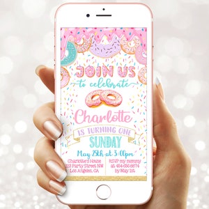 Donut Birthday invitation digital -  Donut party text phone invite  - Doughnut Instant download template e-vite template  (21-13evite)
