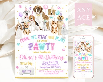 Dog Puppy Birthday Party Invitation - Custom Invite personalized for a girl - Instant Digital Template (22-45)