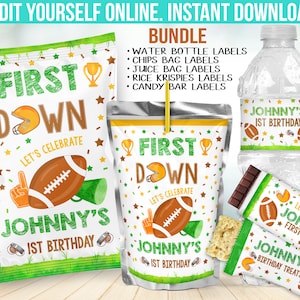 First Down Football Birthday Party Favors -  1st year Template Chip bag - Chocolate wrapper - Juice decor - Water Bottle sticker B52