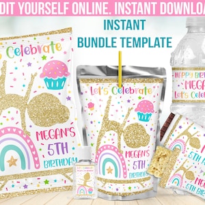 Op de afbeelding: Printbare feestgunsten-etiketten met een gouden glitter-turnster-silhouet met een regenboog en een cupcake-ontwerp. De etiketten zeggen "Let's Celebrate" en "Megan's 5th Birthday".