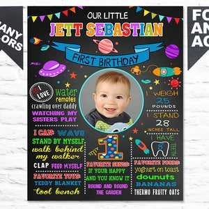 May include: A personalised chalkboard-style first birthday sign with the name "Jett Sebastian" in colourful letters. The sign includes a photo, fun facts, and space-themed illustrations. It measures 71 cm tall and weighs 11.3 kg.