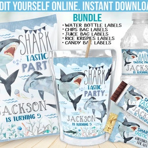 Shark Birthday Party Decorations -  Chip bag label favors - Candy Bar wrapper - Juice Label Template - Water Bottle sticker Supplies B8