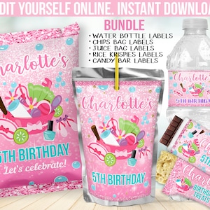 Spa Birthday Party Decor -  Glam Beauty Chip bag label favors - Sleepover Chocolate wrapper - Juice decoration - Water Bottle sticker B18