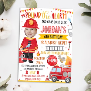 Editable Firefighter Birthday invitation with photo - Fireman with face picture Party invite Template (22-53)