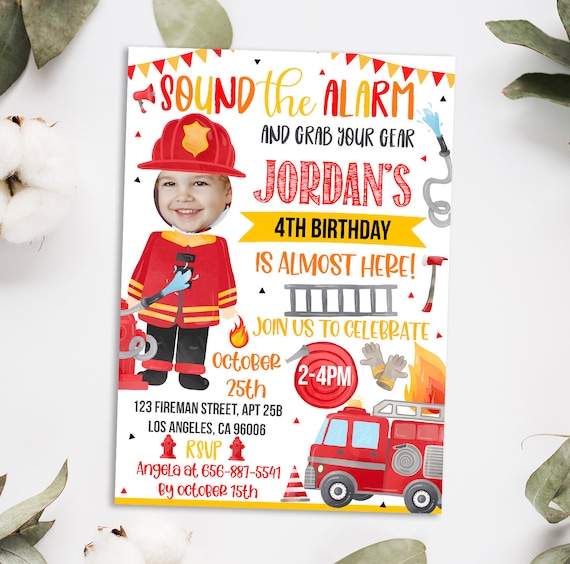 Editable Firefighter Birthday invitation with photo - Fireman with face picture Party invite Template (22-53)