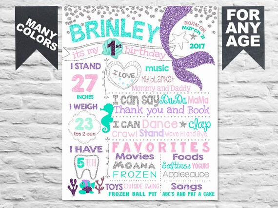 Mermaid Birthday Poster First Birthday Board Sign Milestone Banner