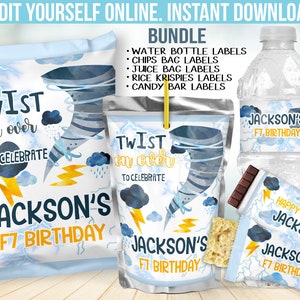Tornado fournado Party favors -  Twonado Birthday decorations - Chip bag template - Chocolate Candy Bar - Juice Water Bottle sticker B49