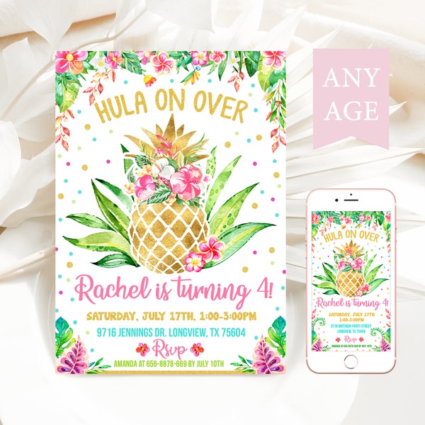 Pineapple Birthday Party Invitation - Luau Invite -  Hawaiian Tropical Invitations (22-43)