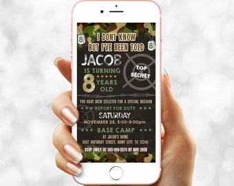 Digital Army Birthday party invitation - Electronic Military  party e  invite - Camo Camouflage Instant download template mobile (22-04)