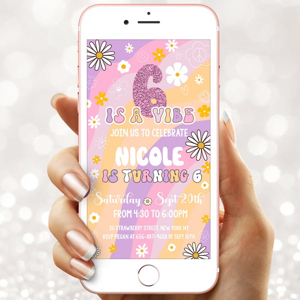 Digital Girl Groovy Birthday party invitation - Electronic 5th 6th 7th e invite - Edit Instant download template mobile evite (22-34)