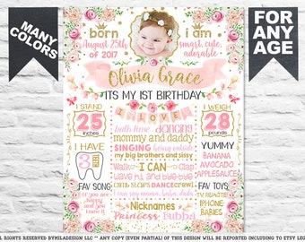 First Birthday white Chalkboard sign flowers roses - 1st party chalk board poster banner milestone for girl spring floral - PRINTABLE 514