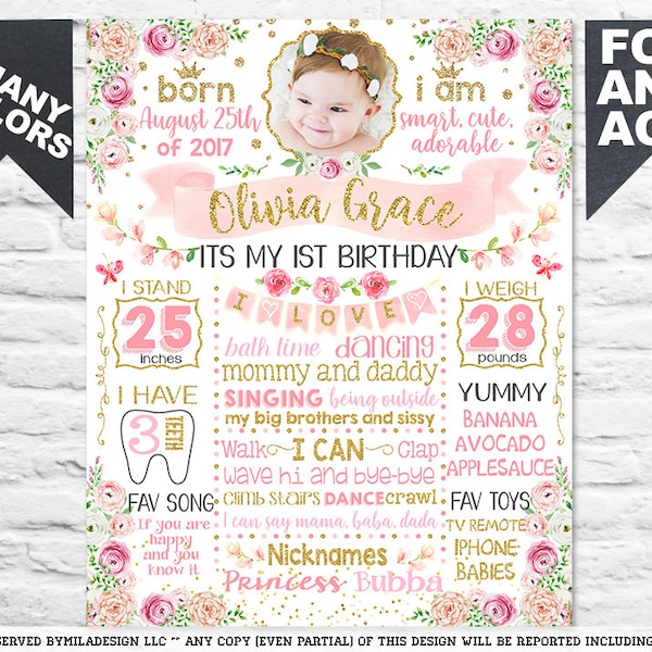 First Birthday white Chalkboard sign flowers roses - 1st party chalk board poster banner milestone for girl spring floral - PRINTABLE 514