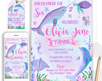 May include: A set of under-the-sea themed birthday party invitations and matching tag. The invitation features a narwhal, dolphin, and sea turtle. The text reads "Join us under the sea to celebrate Olivia Jane is turning 3".