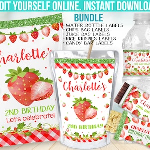 Strawberry Birthday Party Decor -  Berry first Chip bag label favors - Chocolate wrapper - Juice decoration - Water Bottle sticker B16