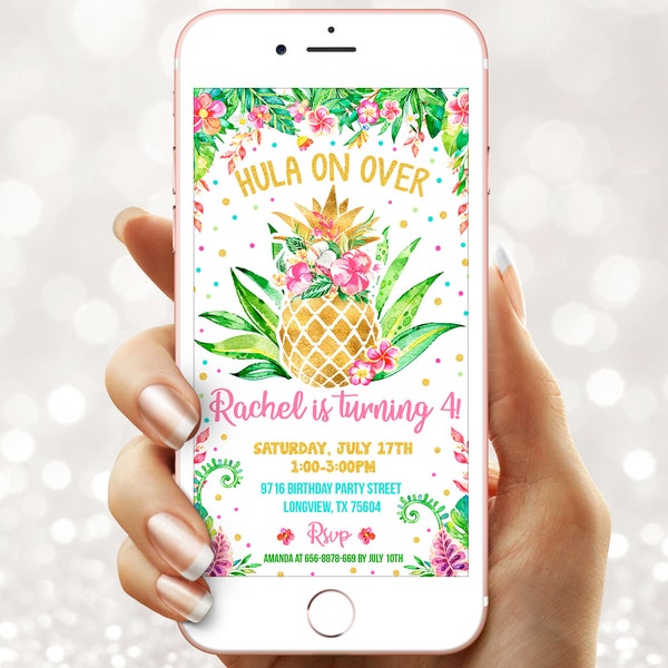 Digital Pineapple Birthday Party Invitation - Electronic e invite - Edit Instant template mobile evite (22-43)