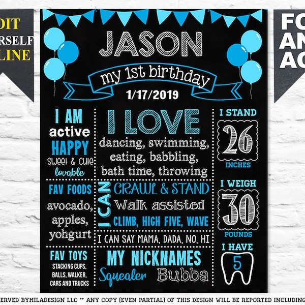 Editable First Birthday chalkboard sign with balloons - 1st Boy Party sign Milestone chalk board poster - Template INSTANT DOWNLOAD (866)