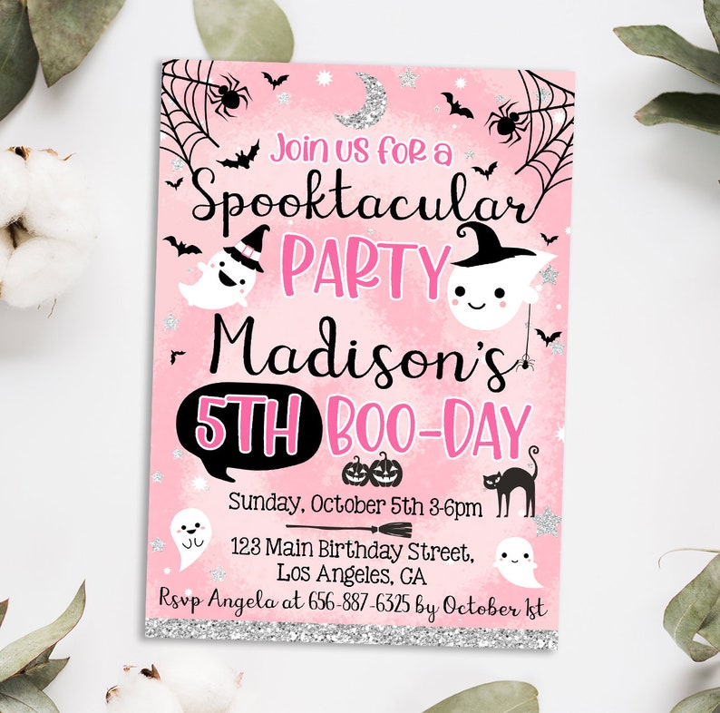 May include: Pink Halloween party invitation with the text "Join us for a Spooktacular Party". The invitation includes ghosts, bats, spiders, and the text "Madison's 5th Boo-Day". The invitation also includes the date, time, and location.