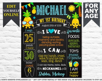 Party like a Pineapple First Birthday chalkboard sign - Summer boy 1st chalk board poster banner milestone template supplies favors (720)