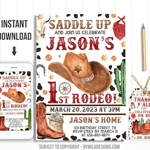Editable First Rodeo Birthday Invitation - Cowboy Party e invite - Instant download template digital  (23-26)