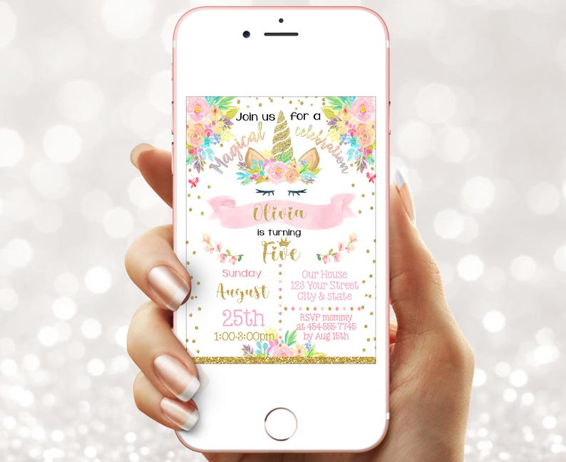 May include: A smartphone displays a birthday party invitation. The invitation features a unicorn design with floral accents, the name "Olivia," and event details including the date, time, and location. The background is a soft, blurred bokeh.