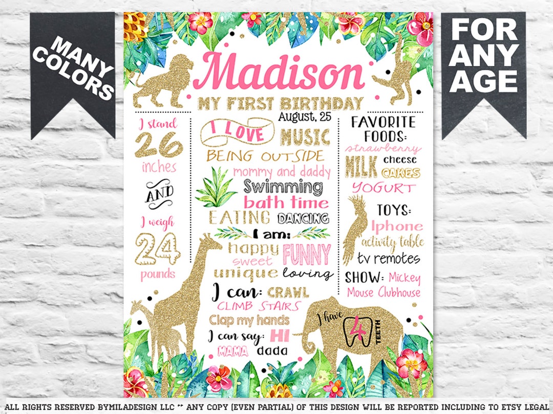 Jungle Zoo Animals Wild One First Birthday Chalk Board Sign - Tropical ...