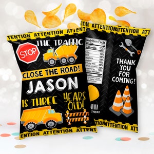 Editable Construction Birthday Party Decorations -  Chip bag label favors B6