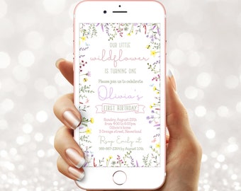Digital Wildflower Garden Birthday party invitation - Electronic  First party e  invite - 1st Instant download template mobile (22-24)