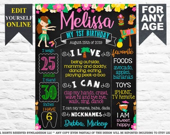 Luau Hawaiian First Birthday chalkboard sign - 1st party chalk board poster banner milestone template supplies favors hibiscus flowers (707)