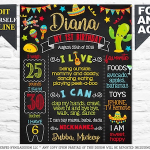 Puede incluir: Un cartel de estilo pizarra colorido con un tema mexicano festivo. Dice "Diana My 1st Birthday" e incluye detalles como el peso, la altura, los alimentos favoritos, los juguetes y los apodos. El cartel está decorado con maracas, un taco, un cactus y estrellas.