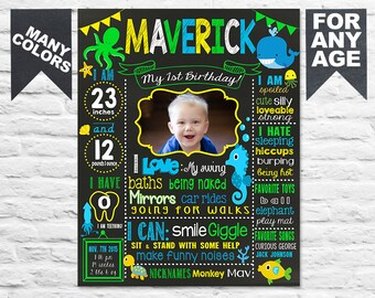 Nautical Sea animals Whale First Birthday chalkboard sign 1st birthday party sign milestone banner chalk board for a girl boy (232)