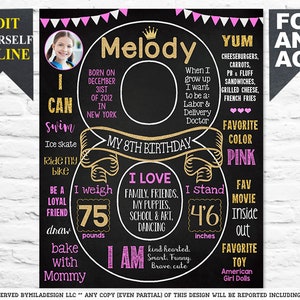 Editable 8th Birthday chalkboard sign with photo - Girl Party sign Milestone chalk board poster - Template INSTANT DOWNLOAD (875)