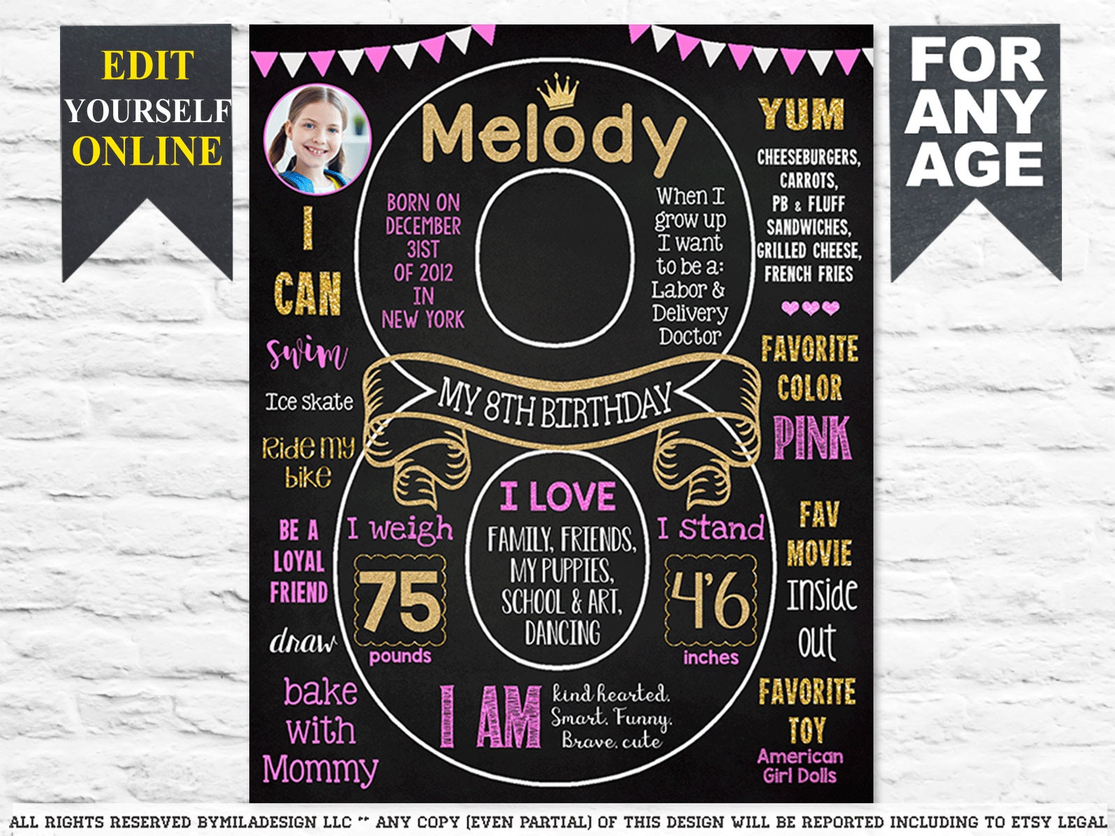 Editable 8th Birthday Chalkboard Sign With Photo - Girl Party Sign