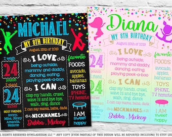 Jump trampoline Birthday chalkboard sign party chalk board poster banner milestone template supplies favors snowflakes Bounce House (881-882