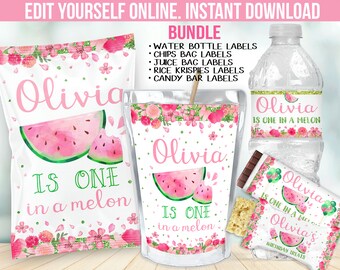 May include: A bundle of printable party labels with a watermelon theme. The labels include designs for water bottles, chips bags, juice bags, rice krispies, and candy bars. The text "Olivia is One in a Melon" is featured on the labels, along with floral accents.