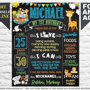 Noah&#39;s ark First Birthday chalkboard sign - 1st party chalk board poster banner milestone template supplies favors - (669)