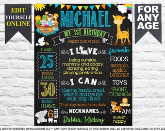 May include: A chalkboard-style birthday sign with the name "Michael" and "My 1st Birthday" in teal and white. It includes a giraffe, a rainbow, and a Noah's Ark with animals. The sign lists the child's weight as 11.3 kg and height as 76.2 cm.