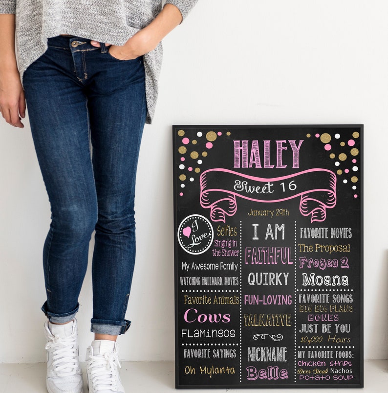 Op de afbeelding: Een zwart omrand schoolbord met roze en gouden accenten. Het bord zegt "Haley Sweet 16" en geeft favoriete dingen weer. Het bord staat naast een persoon die een spijkerbroek en witte sneakers draagt.