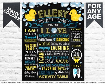 Rubber Duck First Birthday Chalkboard sign - 1st b-day party chalk board poster banner milestone for girl boy bubbles - PRINTABLE (700)